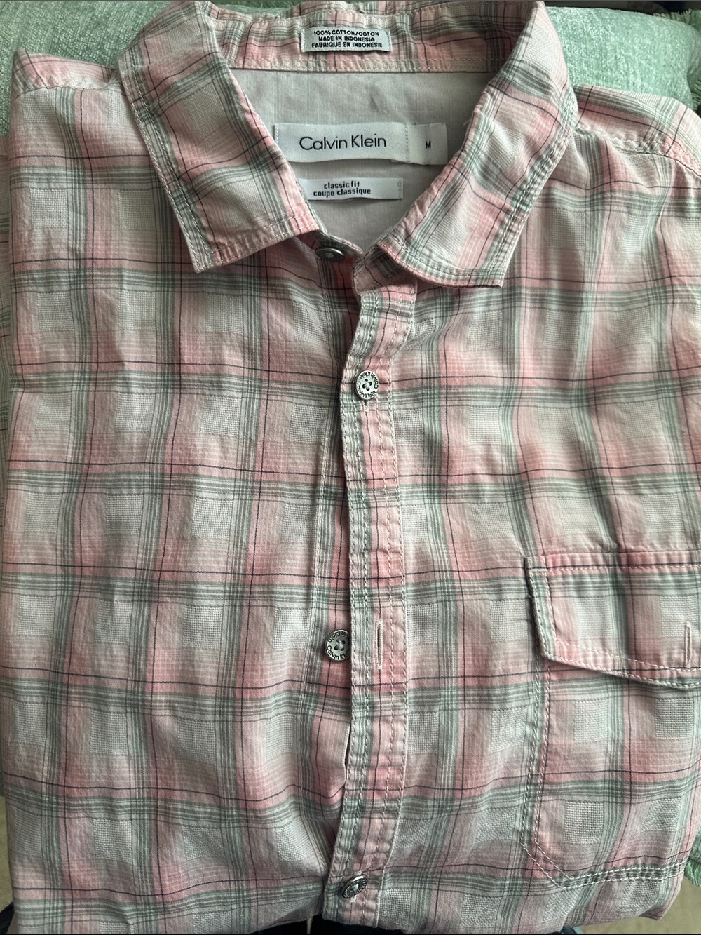 Calvin Klein Men’s Pink and White Plaid Button-Down Shirt